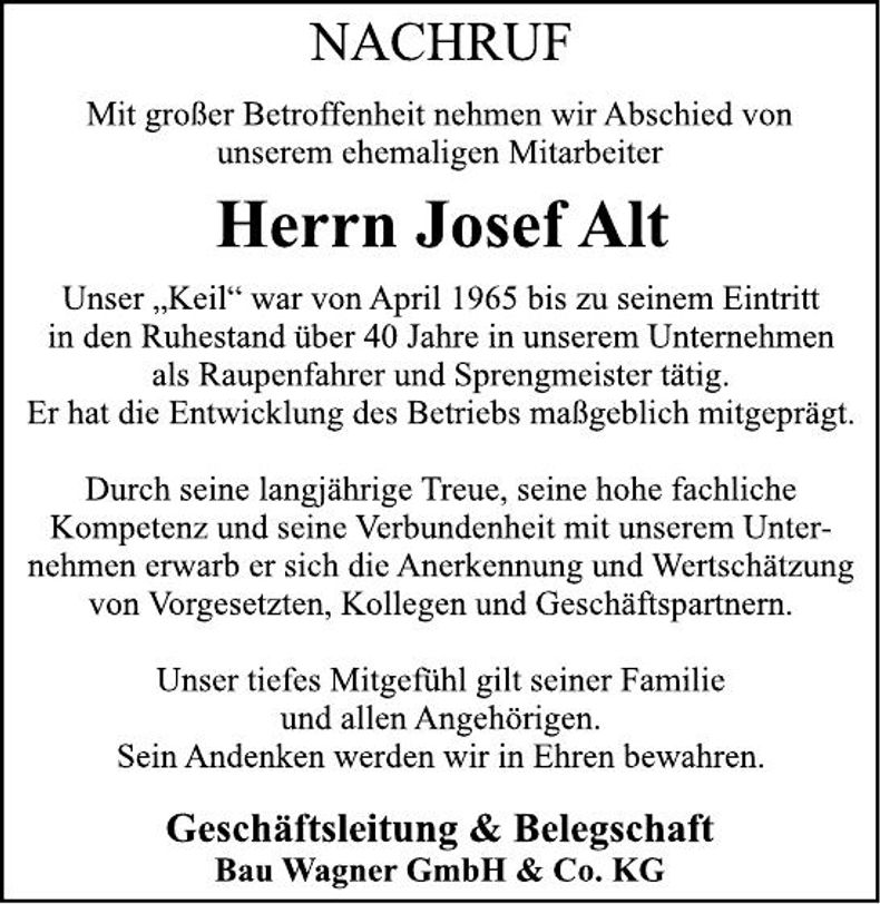 Traueranzeige Josef Alt