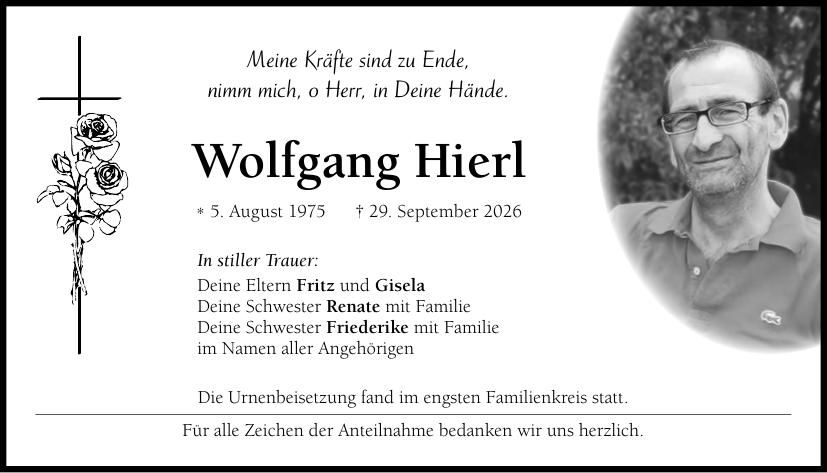 Traueranzeige Wolfgang Hierl