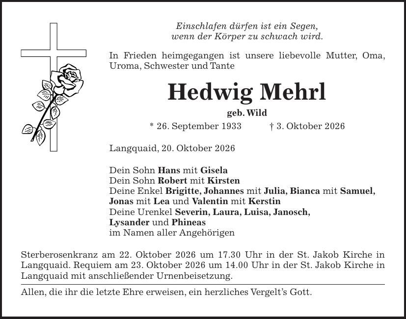 Traueranzeige Hedwig Mehrl