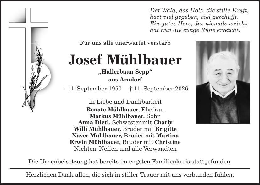 Traueranzeige Josef Mühlbauer