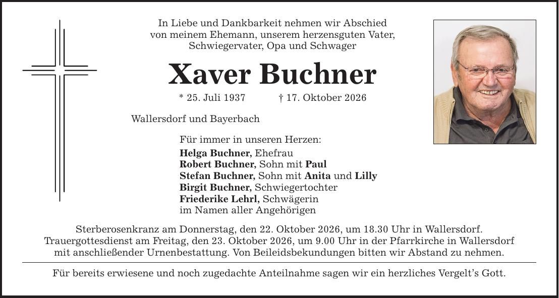 Traueranzeige Xaver Buchner
