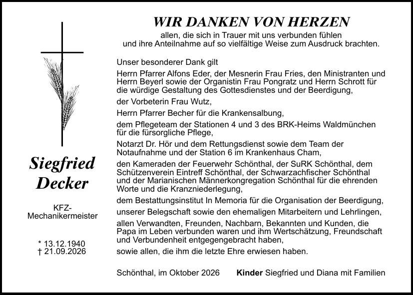 Traueranzeige Siegfried Decker