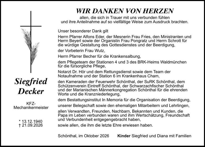 Traueranzeige Siegfried Decker