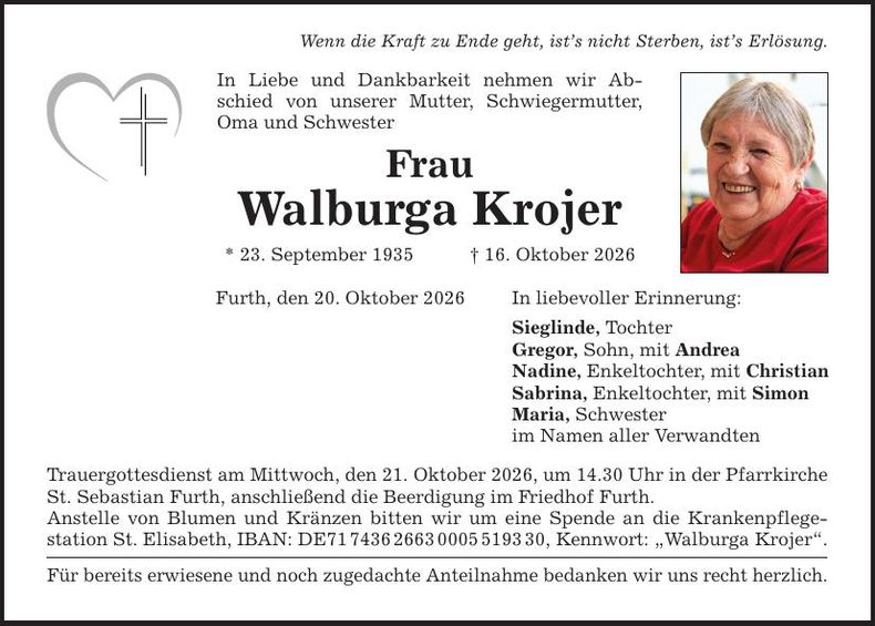 Traueranzeige Walburga Krojer