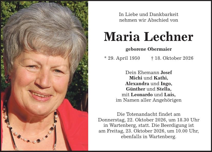 Traueranzeige Maria Lechner