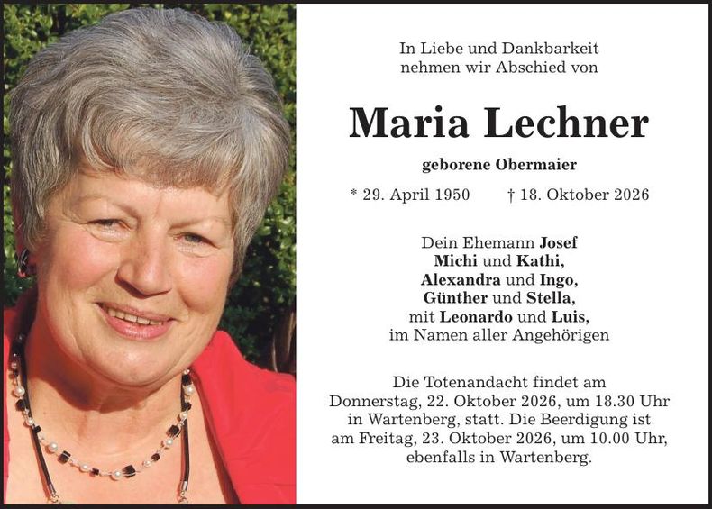 Traueranzeige Maria Lechner
