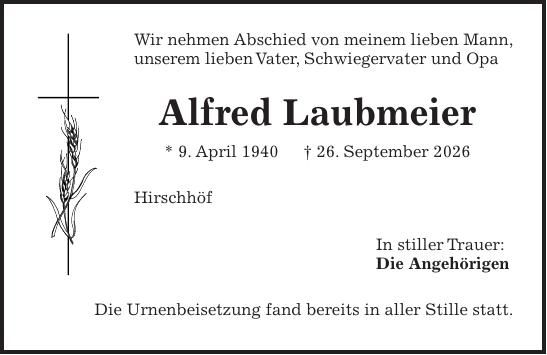 Traueranzeige Alfred Laubmeier