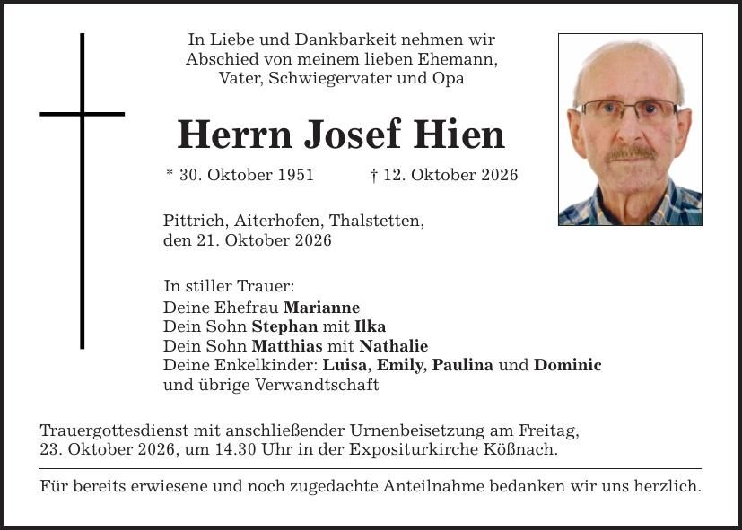 Traueranzeige Josef Hien