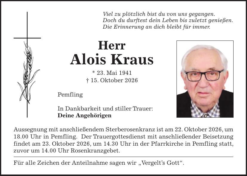 Traueranzeige Alois Kraus