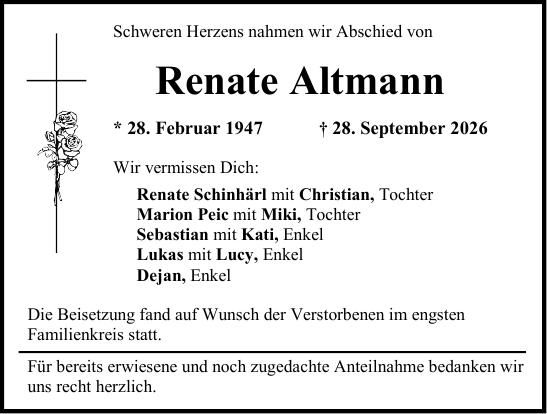 Traueranzeige Renate Altmann
