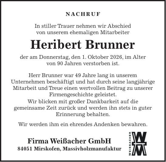 Traueranzeige Heribert Brunner