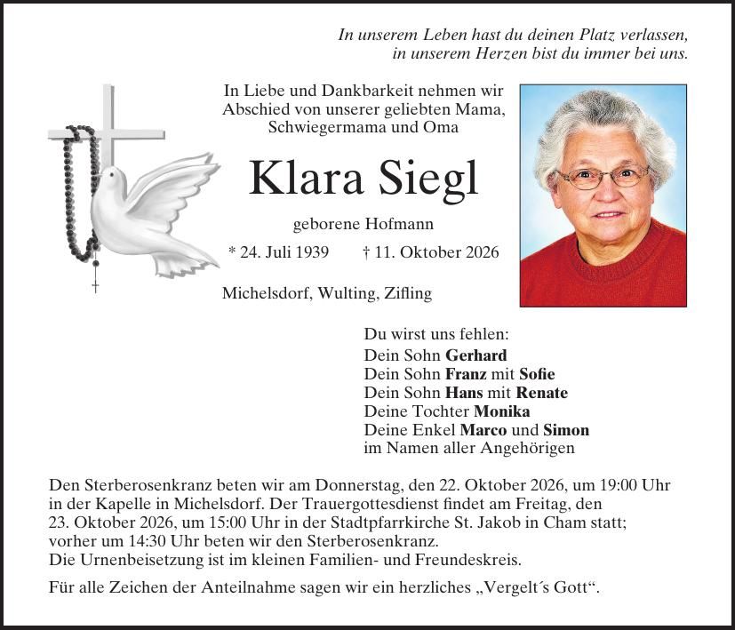 Traueranzeige Siegl Klara 
