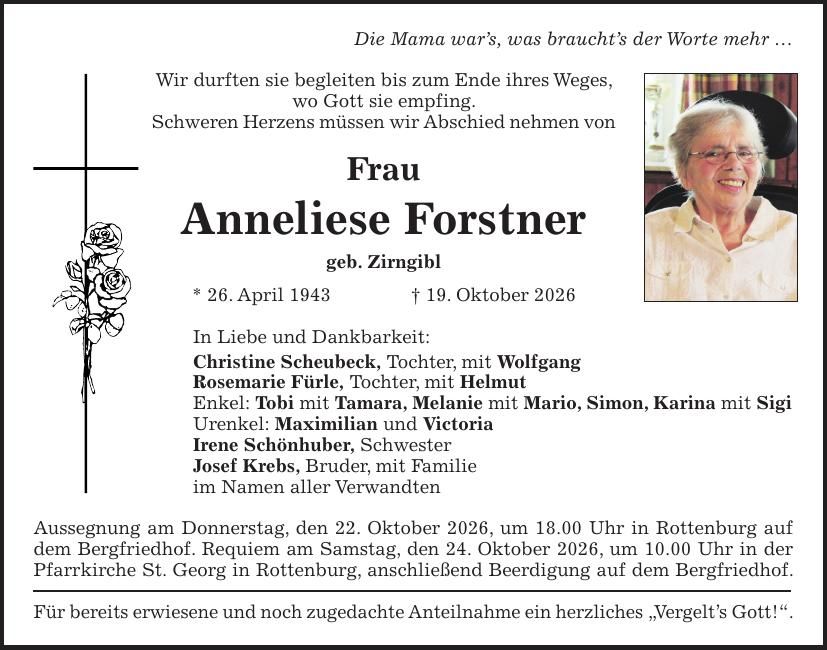 Traueranzeige Anneliese Forstner