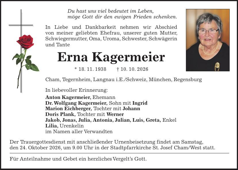 Traueranzeige Erna Kagermeier
