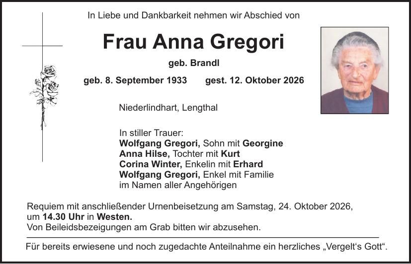 Traueranzeige Anna Gregori