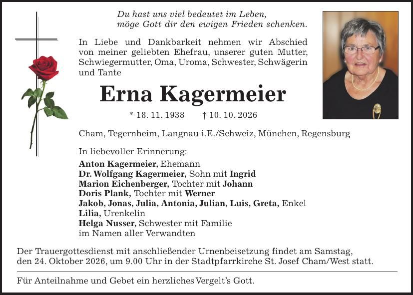 Traueranzeige Erna Kagermeier