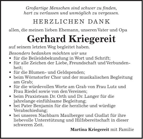 Traueranzeige Gerhard Kriegereit