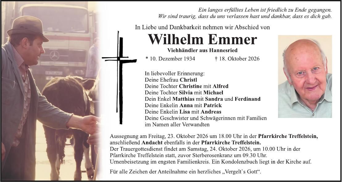 Traueranzeige Wilhelm Emmer