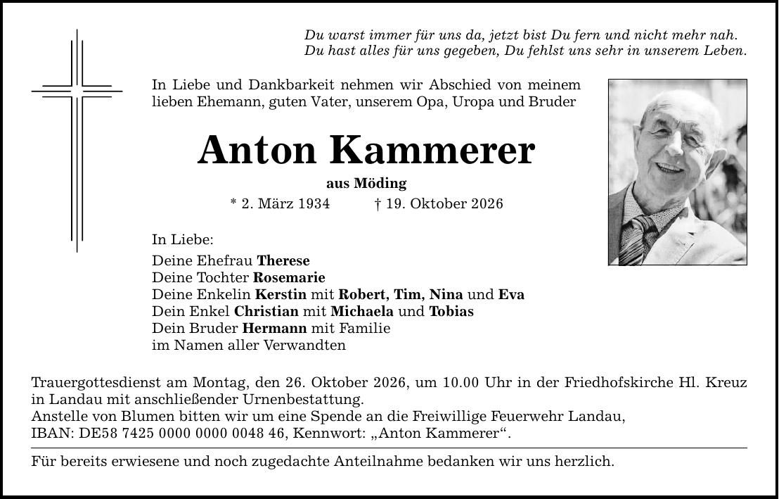 Traueranzeige Anton Kammerer