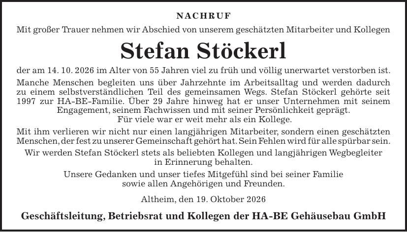 Traueranzeige Stefan Stöckerl