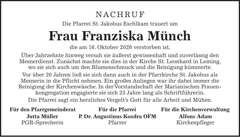 Traueranzeige Franziska Münch