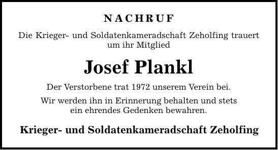 Traueranzeige Josef Plankl
