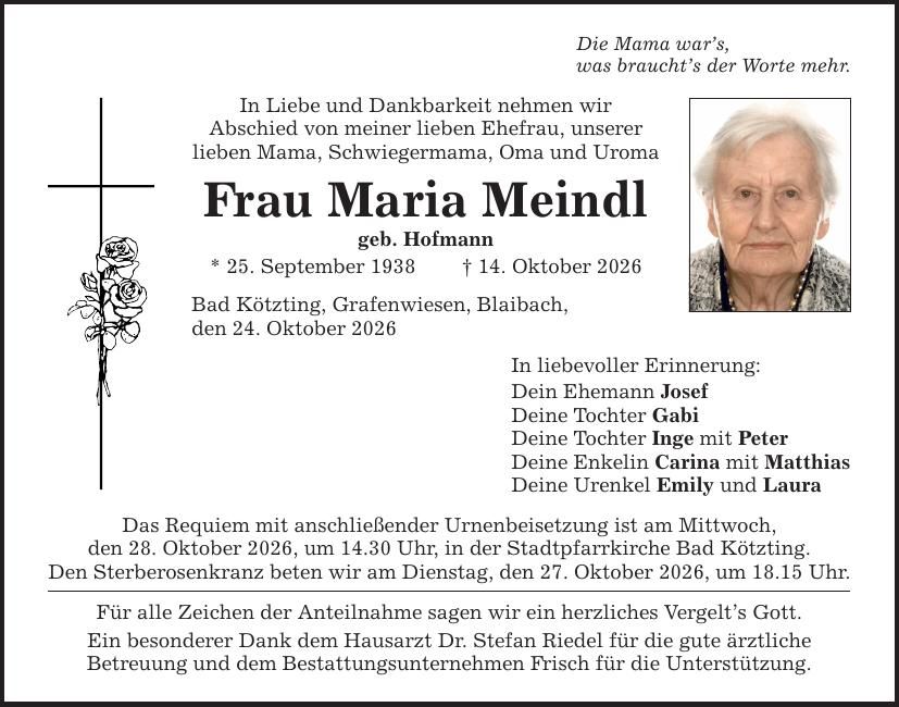 Traueranzeige Maria Meindl