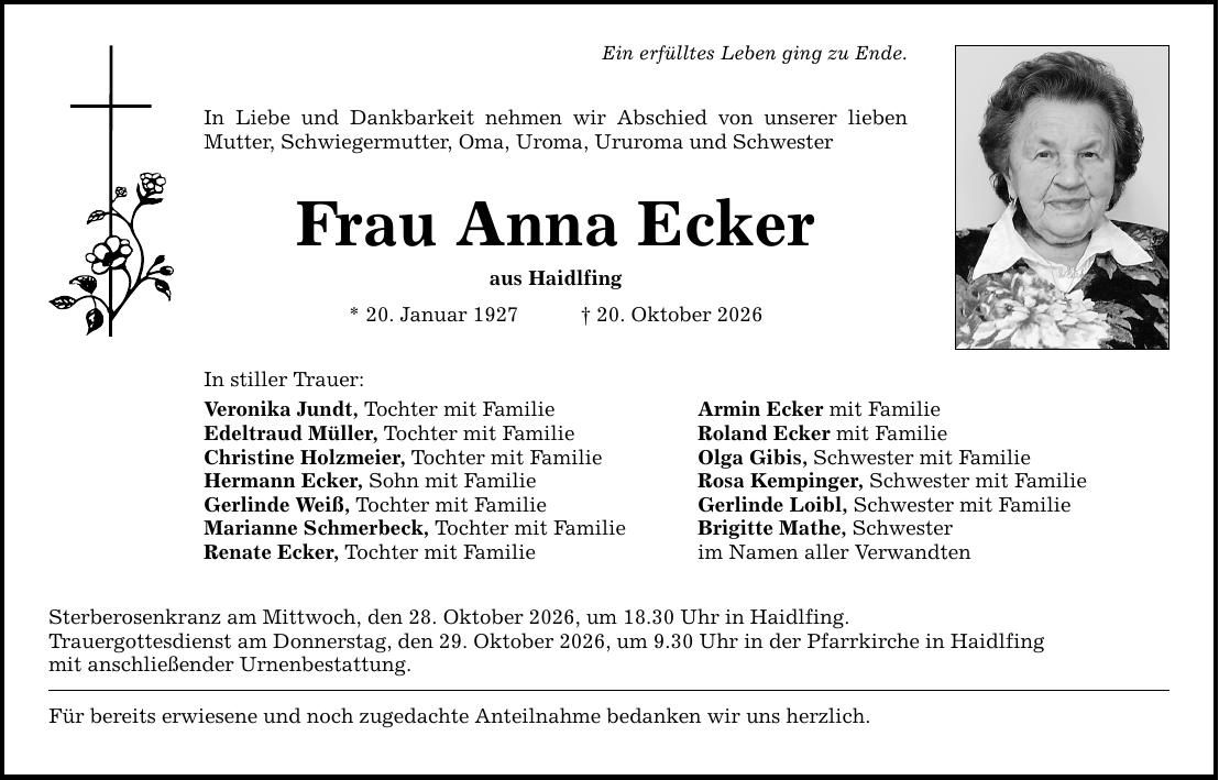 Traueranzeige Anna Ecker