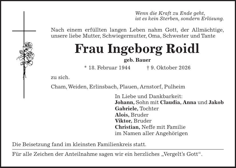 Traueranzeige Ingeborg Roidl