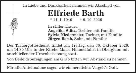 Traueranzeige Elfriede Barth