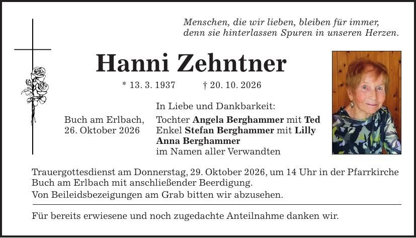 Traueranzeige Hanni Zehntner