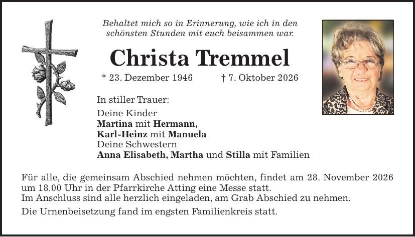 Traueranzeige Christa Tremmel