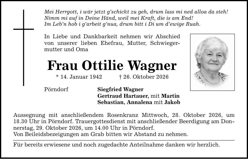 Traueranzeige Ottilie Wagner