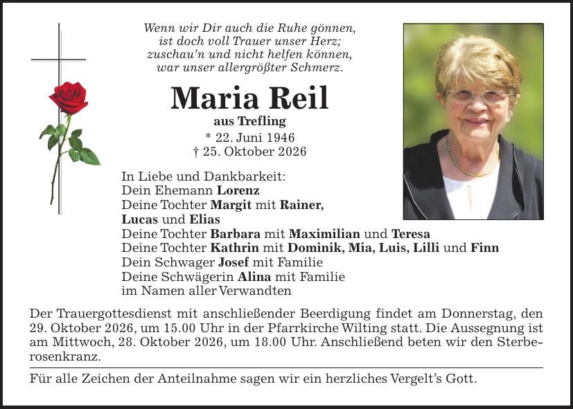 Traueranzeige Maria Reil