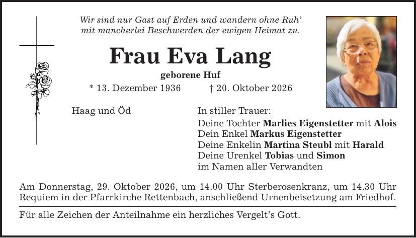 Traueranzeige Eva Lang