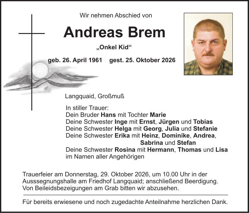 Traueranzeige Andreas Brem