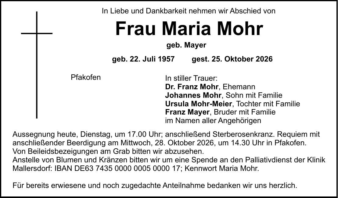 Traueranzeige Maria Mohr
