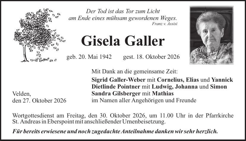 Traueranzeige Gisela Galler
