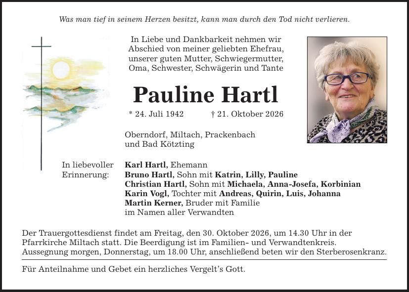 Traueranzeige Pauline Hartl
