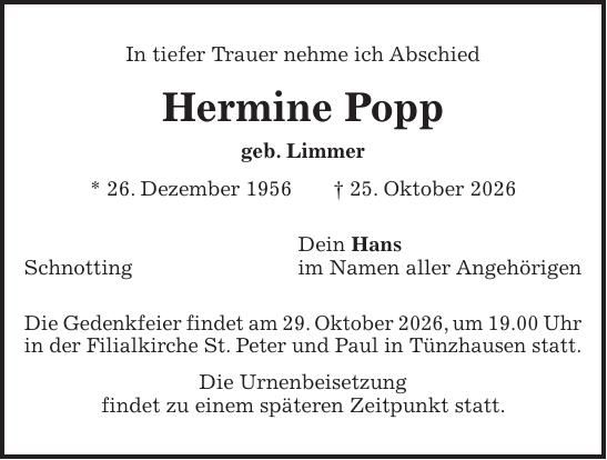 Traueranzeige Hermine Popp