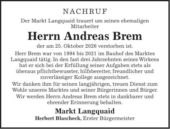 Traueranzeige Andreas Brem