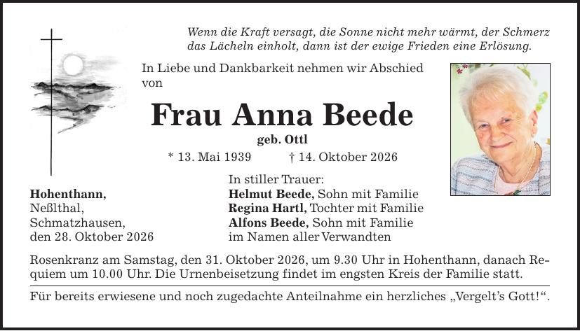 Traueranzeige Anna Beede