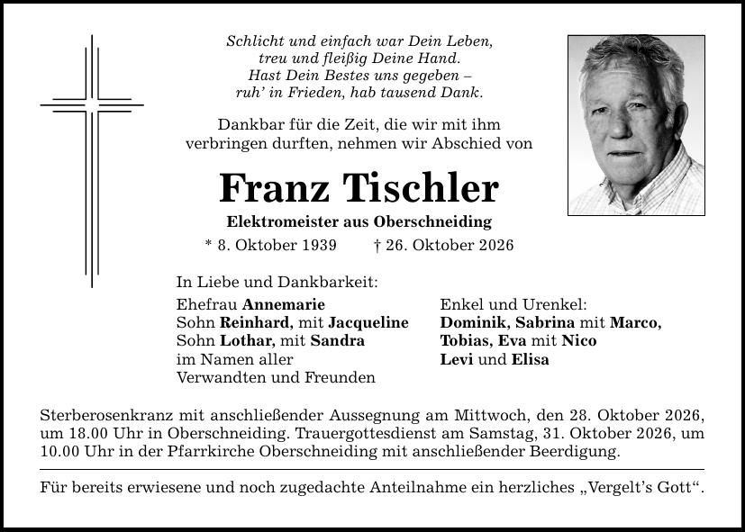 Traueranzeige Franz Tischler