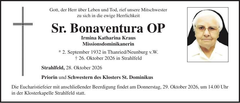 Traueranzeige Bonaventura OP OP