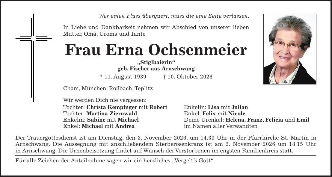 Traueranzeige Erna Ochsenmeier