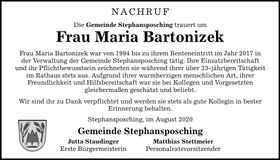 Traueranzeige Maria Bartonizek