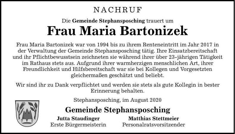 Traueranzeige Maria Bartonizek