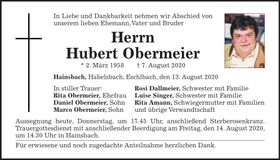 Traueranzeige Hubert Obermeier