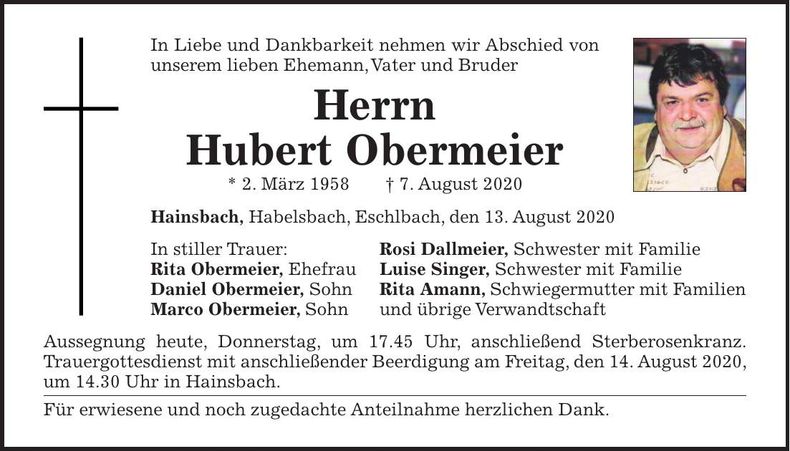 Traueranzeige Hubert Obermeier