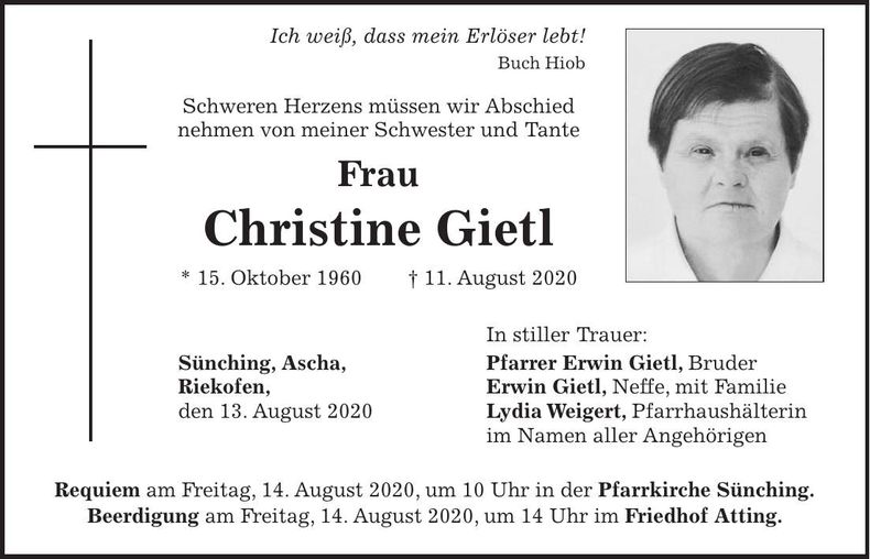 Traueranzeige Christine Gietl